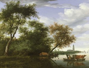 Skogbevuxen flodlandskap med figurer och boskap på en färja